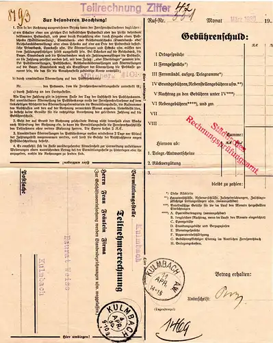 DR 1930, Postformular Telefongebühren m. 2 versch. Kulmbach Stempeln