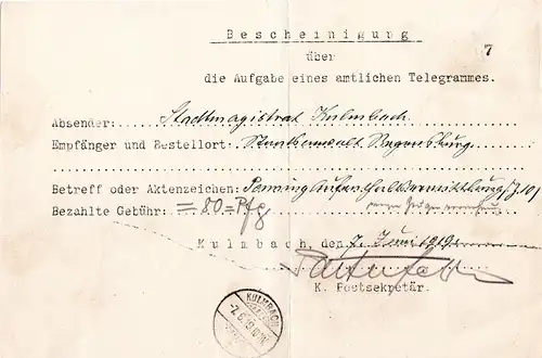 Bayern 1918, Telegramm - Postformular m. K1 Kulmbach 2b