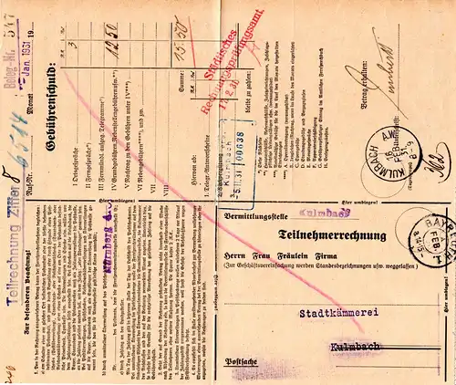 DR 1931, Postformular Telefongebühren m. Stempeln Bayreuth u. Kulmbach A.W. 