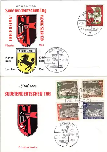 Stuttgart, 2 Ereigniskarten m. Sonderstempeln Sudetendeutscher Tag 1963 u. 1965
