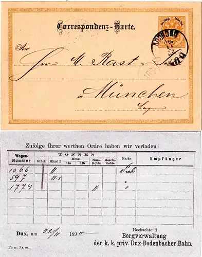 Österreich 1890, 2 Kr. Ganzsache m. rücks. Dux-Bodenbacher Eisenbahn Zudruck.
