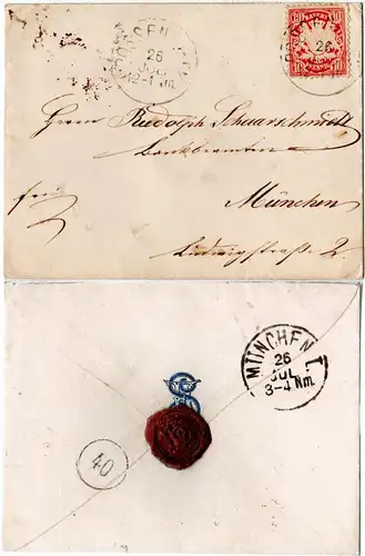 Bayern ca. 1877, 10 Pf. WZ "weite Welle" auf Adelsbrief m. K1 POSSENHOFEN