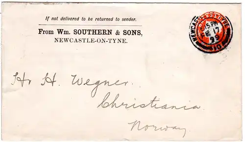 GB 1899, 1d Ganzsache Brief v. Newcastle m. Firmenzudruck Wm. Southern&Sons