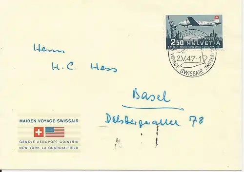 Schweiz 1947, Erstflug Genf - New York, Brief m. EF 2,50 Fr.