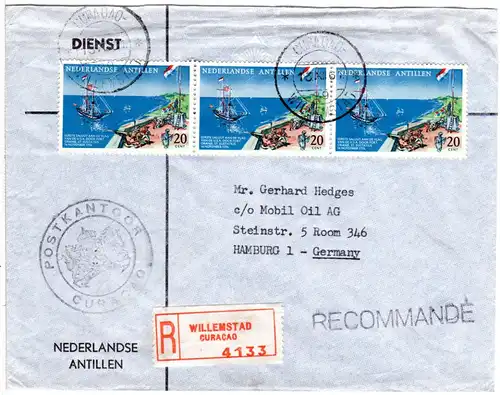 NL Antillen 1961, MeF 3x 20 C. Segelschiff / Kanone auf Reko Brief v. Willemstad