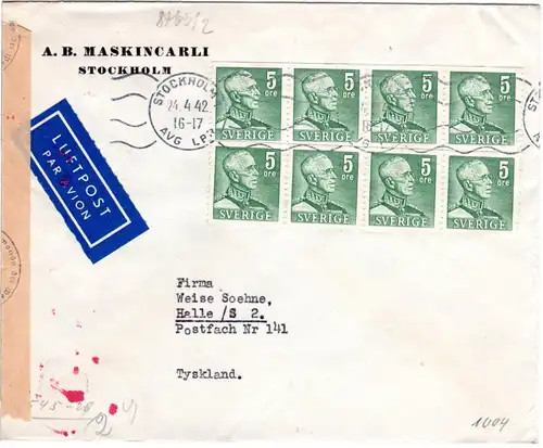 Schweden 1942, 8er-Block 5 öre auf Luftpost Zensur Brief v. Stockholm n. Halle