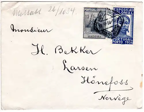 Portugal 1934, 15 C+1,60 E. auf Brief v. Lisboa n. Norwegen