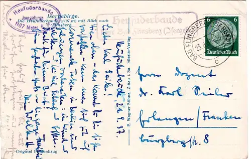 DR 1937, Landpoststempel HEUFUDERBAUDE über Bad Flinsberg auf Karte m. 6 Pf. 