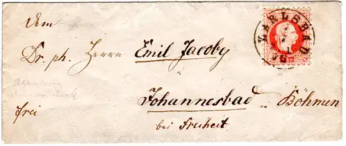 Österreich 1876, 5 Kr. auf kl. Brief m. K1 KARLSBAD n. Johannesbad. Geprüft.
