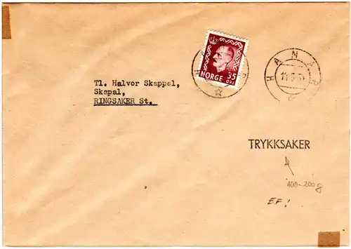 Norwegen 1954, EF 35 öre auf Drucksache Brief (100-200 Gramm) v. Hamar.