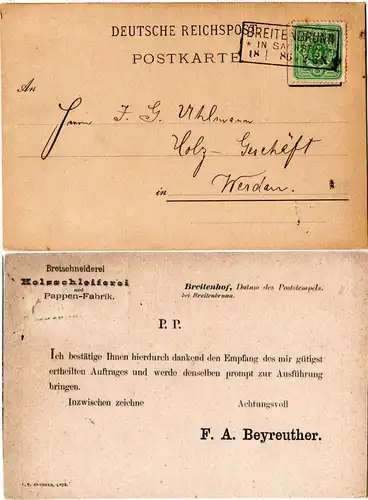 DR 1886, R3 BREITENBRUNN IN SACHSEN klar auf Firmenkarte m. 3 Pf.