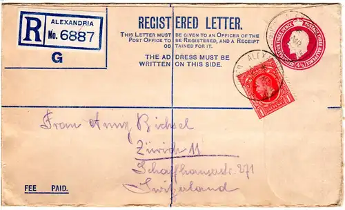 GB 1935, 1d Zusatzfr. auf 4 1/2d Reko-Ganzsache Brief v. Alexandria i.d. Schweiz