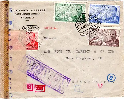 Spanien 1943, 4 Flugpost Marken auf Luftpost Zensur Brief v Valencia n. Schweden