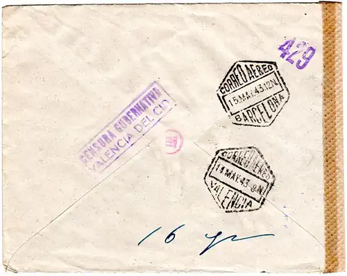 Spanien 1943, 4 Flugpost Marken auf Luftpost Zensur Brief v Valencia n. Schweden