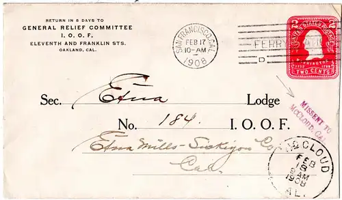 USA 1908, L2 MISSENT TO McCLOUD, CAL. auf 2 C. Ganzsache Brief v. San Francisco