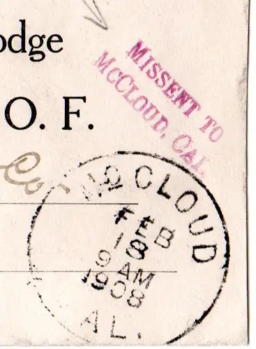 USA 1908, L2 MISSENT TO McCLOUD, CAL. auf 2 C. Ganzsache Brief v. San Francisco