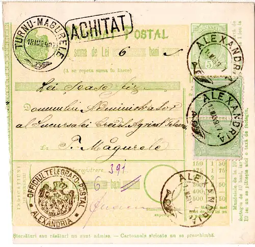 Rumänien 1907, 2x5 B. auf 5 B. Postanweisung Ganzsache v. Alexandria.