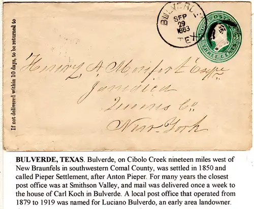 USA 1883, 3 C. Ganzsache Brief m. Stempel BULVERDE TEX.