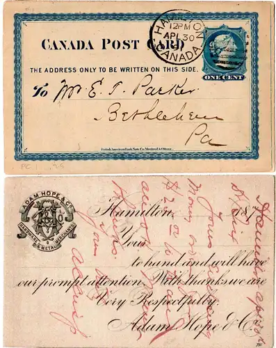Kanada 1891, 1 C. Ganzsache v. Hamilton m. rücks. Hardware & Metal Zudruck 
