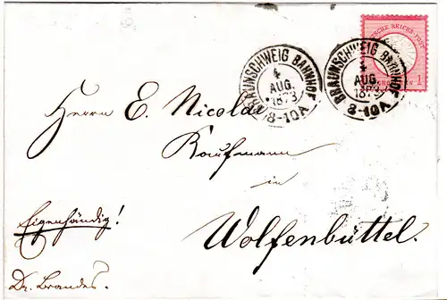DR 1873, 1 Gr. gr. Brustschild auf Brief m. K2 BRAUNSCHWEIG BAHNHOF 