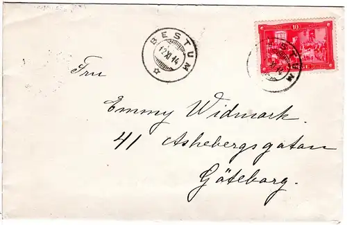 Norwegen 1914, EF 10 öre Jubiläum auf Auslands Brief v. Bestun n. Schweden