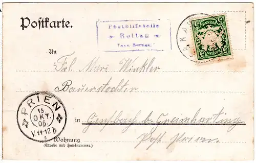 Bayern 1906, R3 Posthilfstelle ROTTAU Taxe Bernau auf Karte m. 5 Pf.