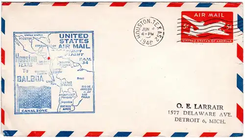 USA 1948, 5 C. Ganzsachenumschlag als Erstflug Brief Houston-Balboa Canal Zone