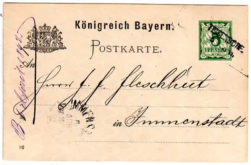 Bayern 1892, L2-Aushilfstempel TEISENDORF auf 5 Pf. Ganzsache