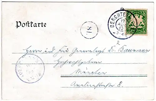 Bayern 1902, Reservestempel BERCHTESGADEN R auf Farb-AK Felsenthor m. 5 Pf.