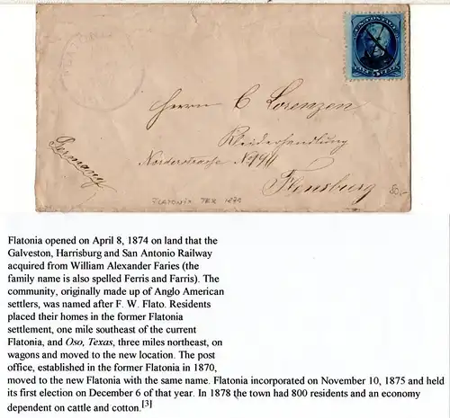 USA 1879, 5 C. m. Federzug auf Brief v. FLATONIA, Texas n. Flensburg Deutschland