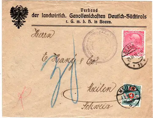 Österreich 1915, 10 H. auf Firmenbrief v. Bozen m. 10 C. Schweiz Portomarke.