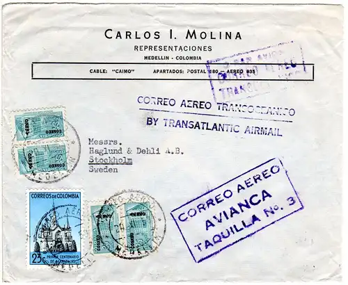 Kolumbien 1953, 5 Marken auf Firmen Brief m. Luftpost-Leitstempel n. Schweden