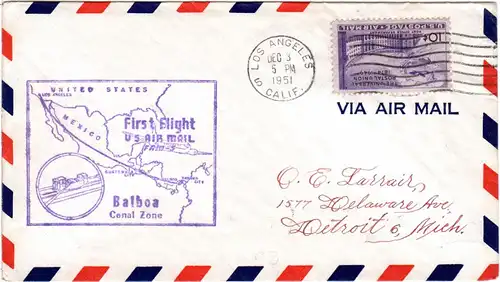 USA 1951, 10 C. auf Erstflug Brief Los Angeles-Balboa Canal Zone