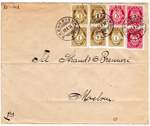 Norwegen 1934, 5x1+3x5 öre auf Brief v. BRONNOYSUND