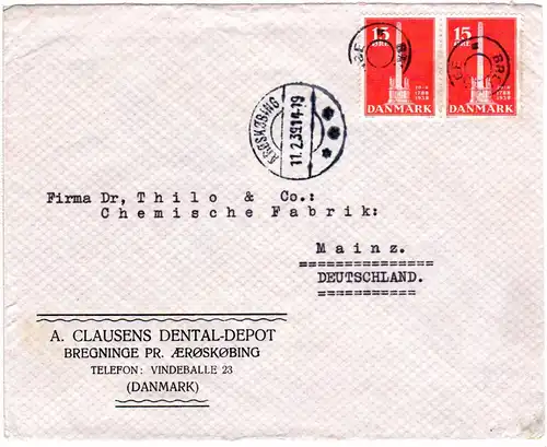 Dänemark 1939, Sternstempel BREGNINGE auf Brief m. Paar 15 öre v. AERÖSKÖBING