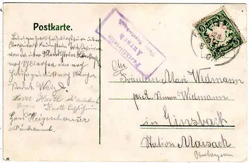 Bayern 1907, Posthilfstelle AURACH Taxe Bayrischzell auf Karte m. 5 Pf.