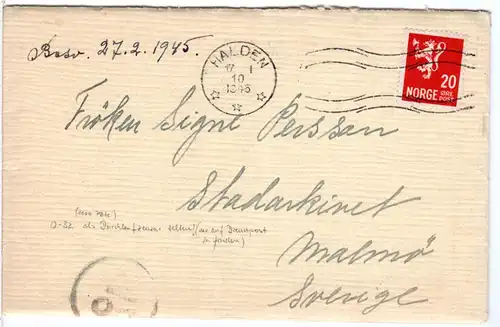 Norwegen 1945, Ao Durchlauf Zensur auf Brief m. 20 öre v. Halden n. Schweden.
