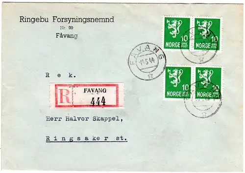 Norwegen 1944, MeF 4x10 öre auf Einschreiben Brief v. Favang n. Ringsaker
