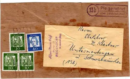 BRD 1961, Landpost Stempel 13b PIEGENDORF über Landshut auf Päckchenadresse