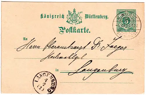 Württemberg 1893, K. WÜRTT. BAHN-POST 85 auf 5 Pf. Ganzsache  v. Niederstetten