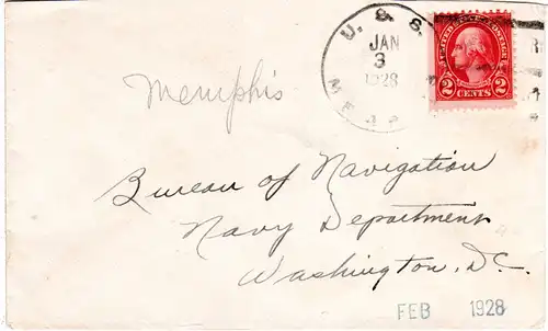 USA 1928, Schiffsstempel U.S.S MEMPHIS auf Brief m. 2 C.