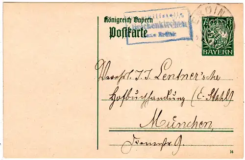 Bayern 1912, Posthilfstelle REICHENKIRCHEN Taxe Erding auf 7 1/2 Pf. Ganzsache