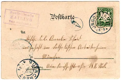 Bayern 1901, Posthilfstelle MAILING Taxe Ingolstadt auf Karte m. 5 Pf.