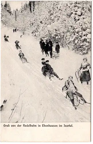 Ebenhausen im Isartal, Gruß von der Rodelbahn, 1914 gebr. sw-AK