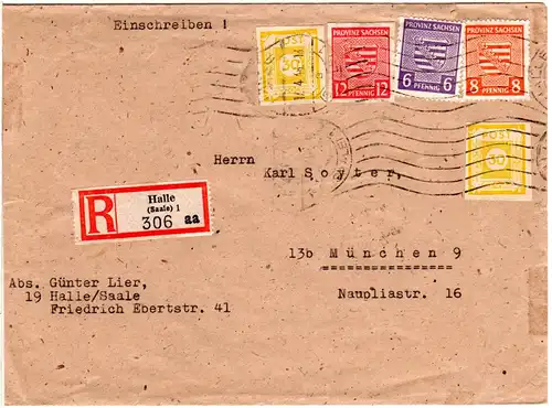 SBZ 1946, 5 Marken auf Einschreiben Brief v. Halle n. München