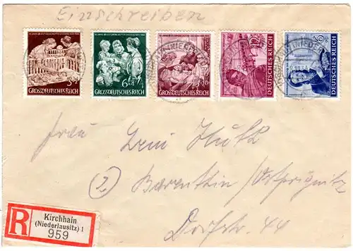 DR 1944, 5 Zuschlagmarken auf portorichtigem Einschreiben Brief v. Kirchhain