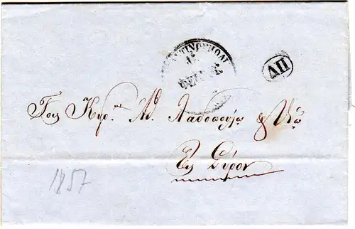 Griechenland Türkei 1857, griech. K2 CONSTANTINOPOLI u. PD auf Brief n. Syros.