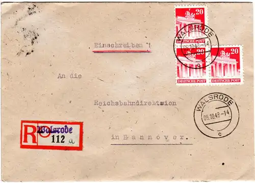 1948, MeF 3x20 Pf. Bauten auf Brief m. Not-Reko-Zettel v. Walsrode.