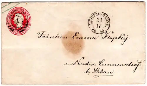 Sachsen 1860, 1 NGr. Ganzsache m. Stpl "4" LEIPZIG-BAHNH. u. rs. Botelohnvermerk