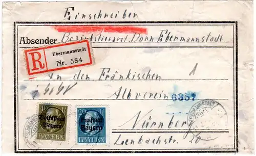 Bayern 1920, 20+40 Pf. auf Einschreiben Päckchenadresse v. Ebermannstadt